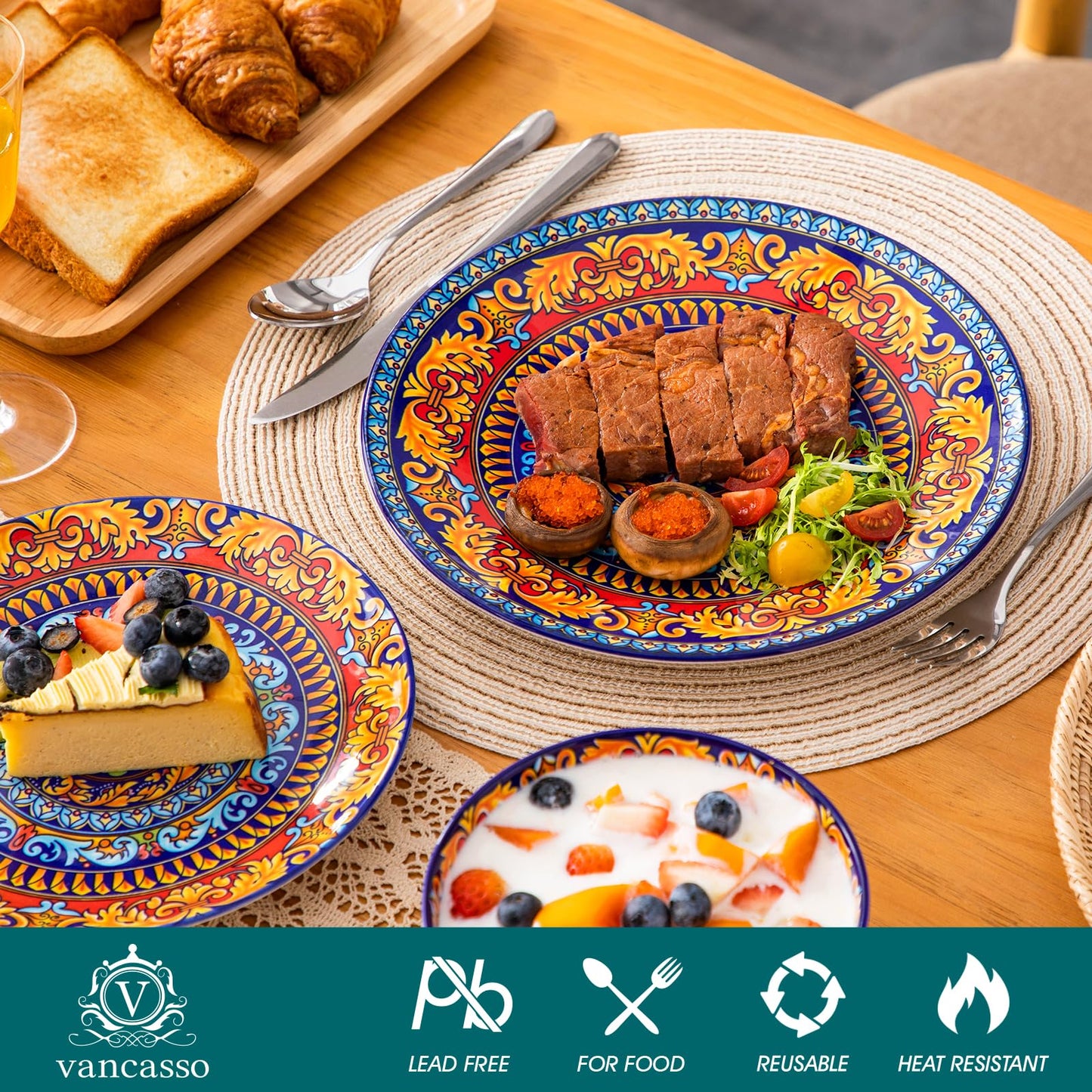 vancasso Plates and Bowls Sets,12-Piece Porcelain Dinnerware Set Service for 4, Bohemian Style Dishes Set for 4, Kitchen Dinner Set, Microwave and Dishwasher Safe, Scratch Resistant, Series KRVI