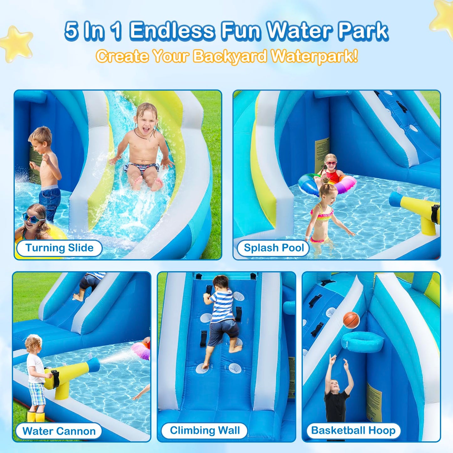 Seahorse Inflatable Water Slide for Kids Backyard | 5-in-1 Blow Up Splash Park with Climbing Wall, WaterSlide, Water Cannon, Basketball Hoop & 480W Blower| Indoor/Outdoor Toys for Ages 3+