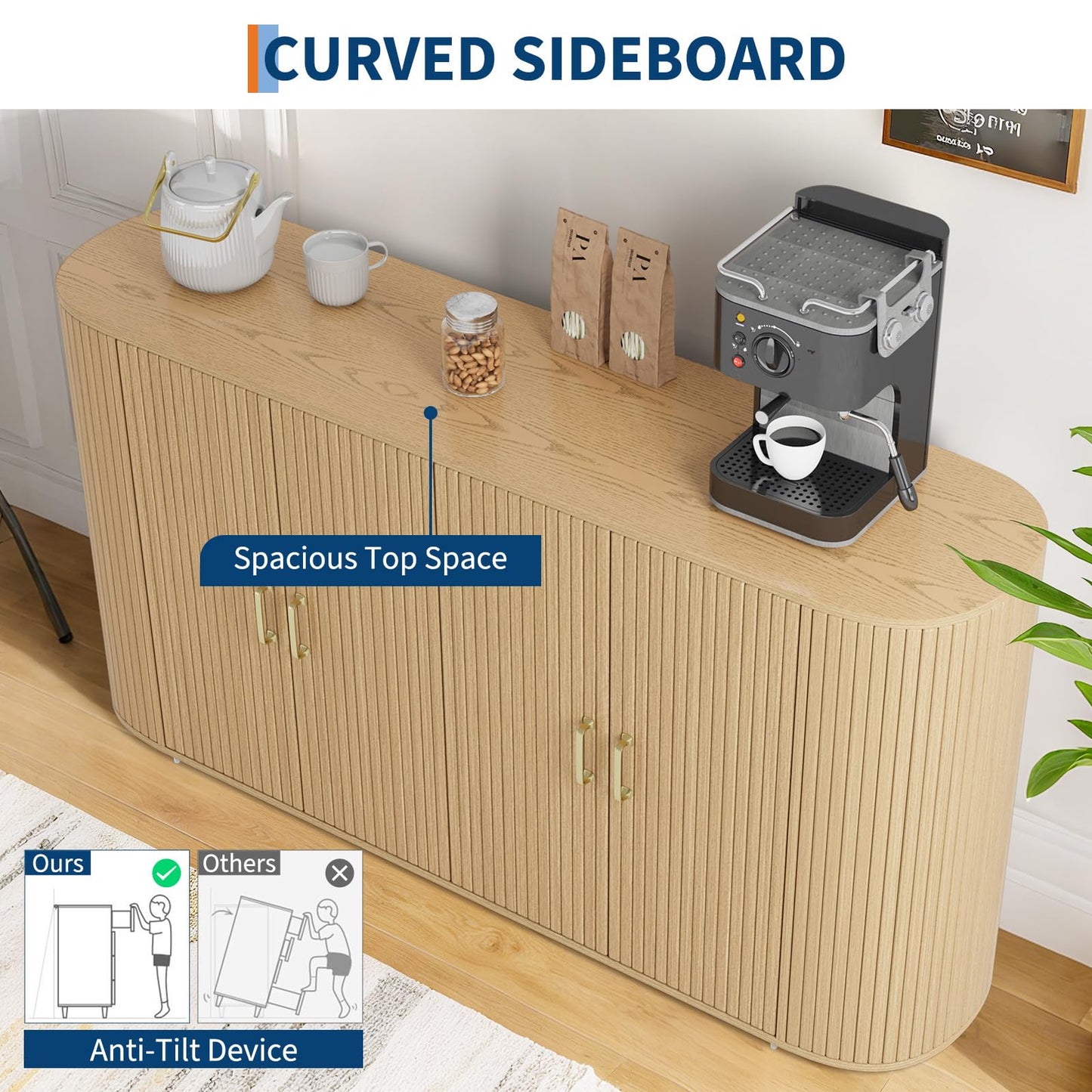 GarveeHome 63" Sideboard Buffet Cabinet with Storage, Modern Fluted Accent Credenza with Adjustable Shelves, Wood Coffee Bar with Curvy Edge, Console Table for Living Room Kitchen Dining Room Hallway