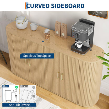 GarveeHome 63" Sideboard Buffet Cabinet with Storage, Modern Fluted Accent Credenza with Adjustable Shelves, Wood Coffee Bar with Curvy Edge, Console Table for Living Room Kitchen Dining Room Hallway