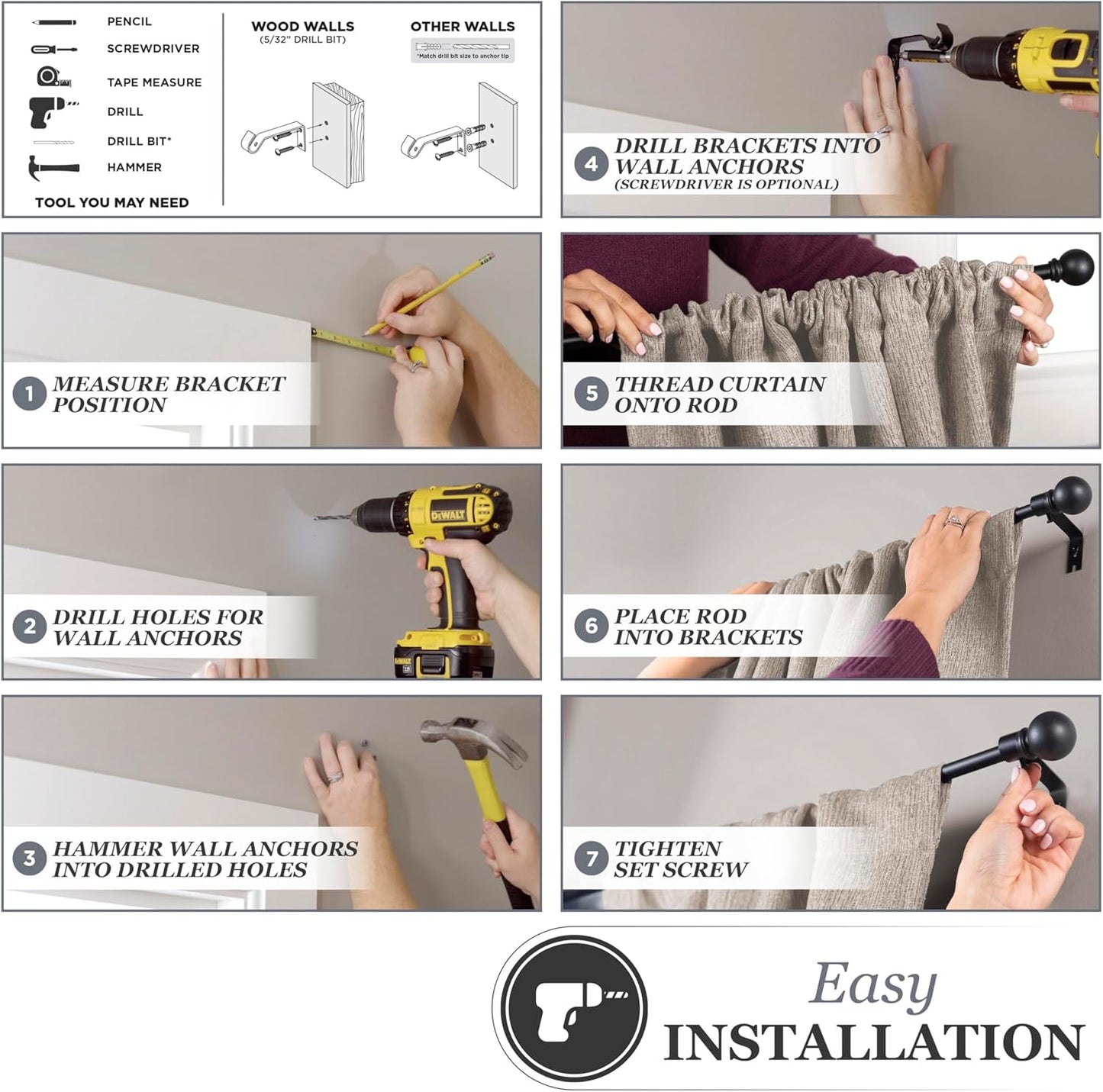 Kenney Chelsea Ball End Window Curtain Rod, Adjustable 28 to 48 Inches, Extendable Set, Black
