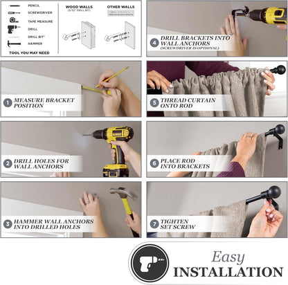 Kenney Chelsea Ball End Window Curtain Rod, Adjustable 28 to 48 Inches, Extendable Set, Black