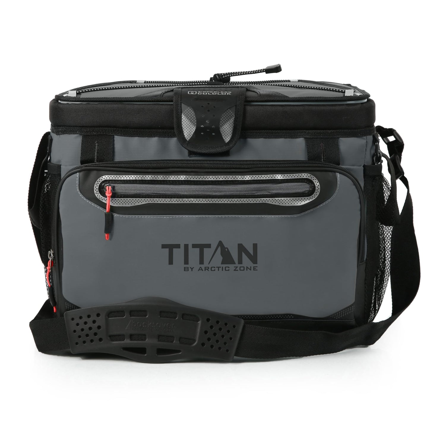 Titan by Arctic Zone Zipperless Soft Sided Cooler with HardBody Liner and SmartShelf, Insulated Bag with Shoulder Strap and Bottle Opener for Beach, Picnic, and Travel, 30 Can Capacity, Sharkskin Gray