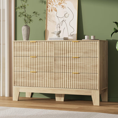 IDEALHOUSE 6 Drawer Dresser for Bedroom, 47" Wide Modern Fluted Dresser with Gold Metal Handles, Chest of Drawers for Bedroom, Living Room, Entryway, Hallway, Oak