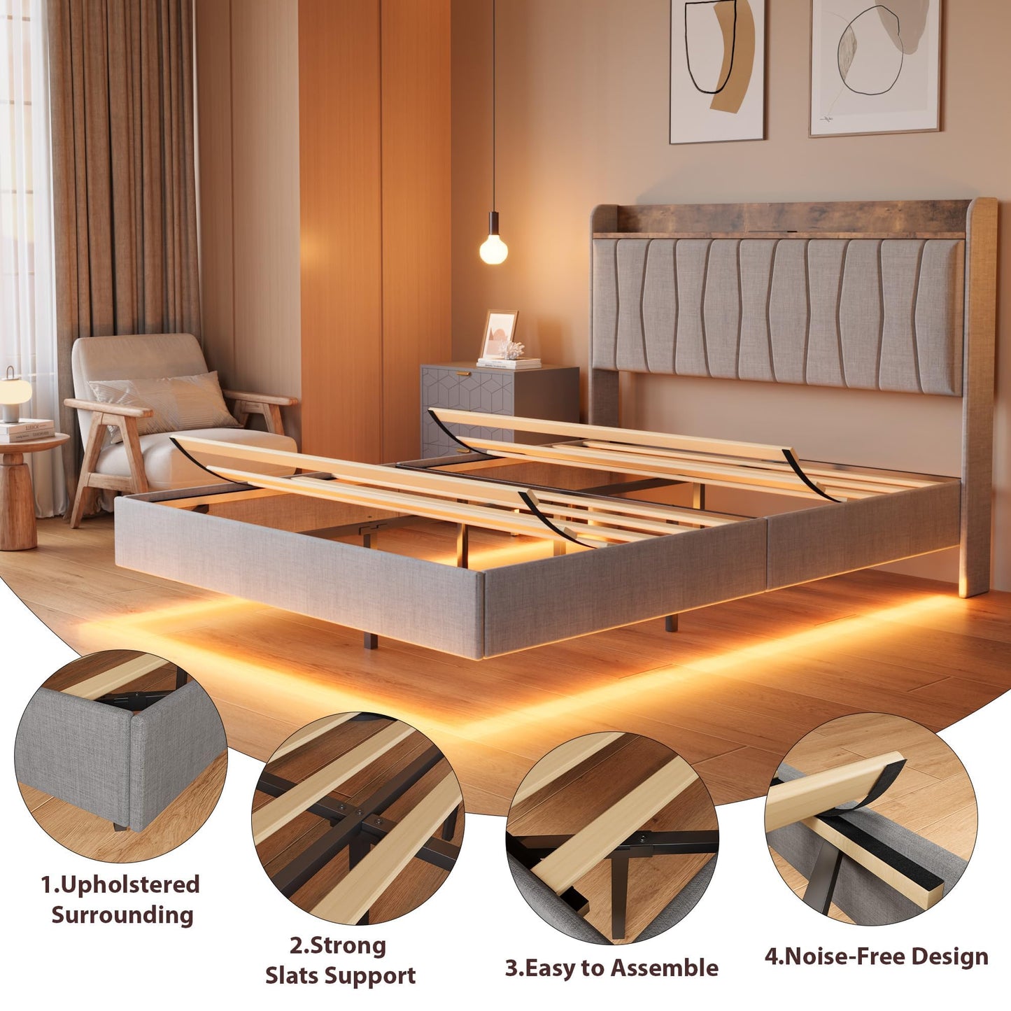 GAOMON Floating King Size Bed Frame with Upholstered Storage Headboard, Platform Bed Frame with LED Lights & Charging Station, Wood Slats Support, No Box Spring Needed, Grey