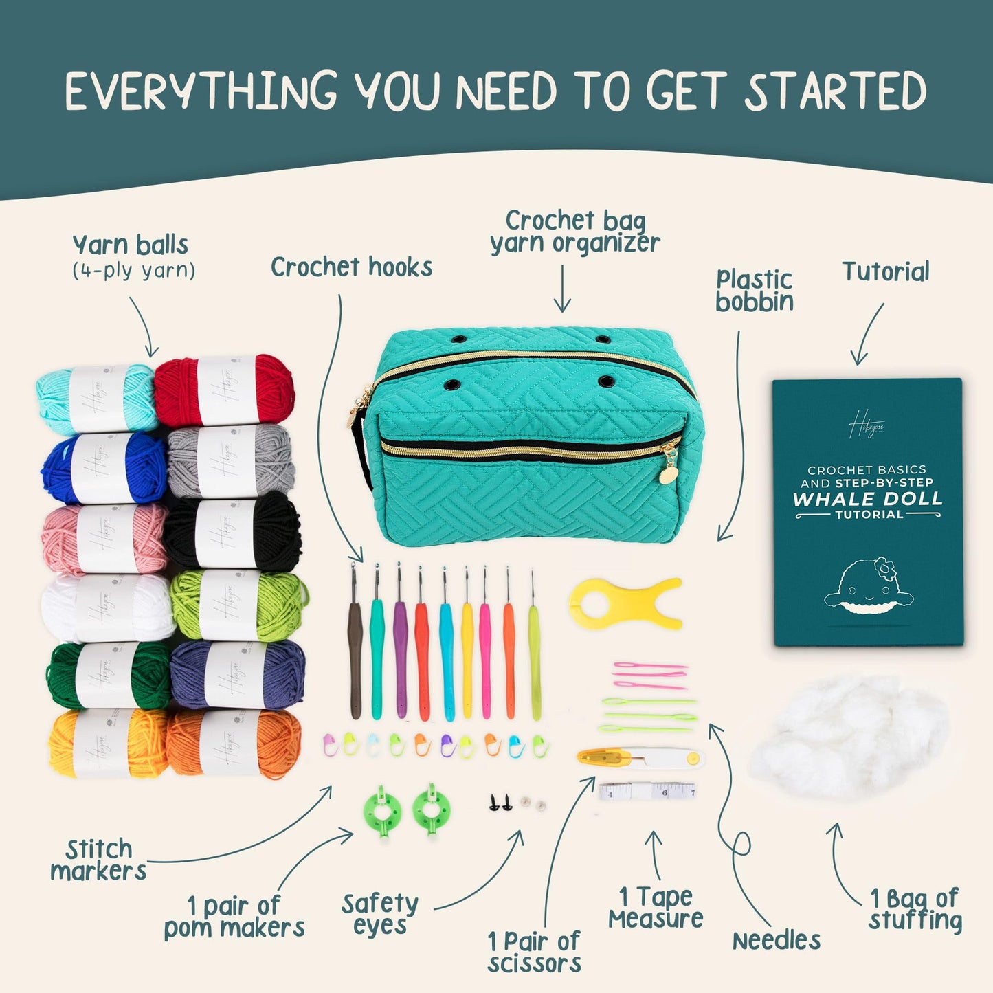 Hikiyose Crochet Kit for Beginners Adults - Crochet Accessories with 12 Soft Crochet Yarn Set, 9 Hooks, Storage Bag, Blue Whale Video Tutorial - Easy Crochet Kit for Beginners Kids, Hobbies for Women