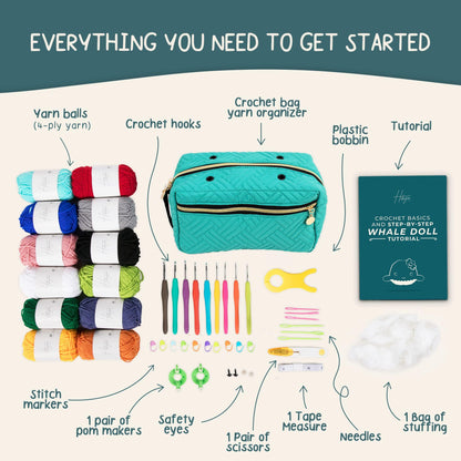 Hikiyose Crochet Kit for Beginners Adults - Crochet Accessories with 12 Soft Crochet Yarn Set, 9 Hooks, Storage Bag, Blue Whale Video Tutorial - Easy Crochet Kit for Beginners Kids, Hobbies for Women