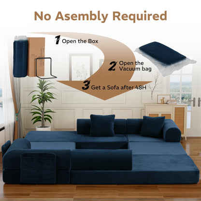 Trygoal 142" Oversized Modular Sectional Sofa Bed, 7-in-1 Convertible Corduroy Cloud Couch with Storage Bag & Reinforced Frame, Deep Seat Sectional Couches for Living Room, Tool-Free Assembly, Blue