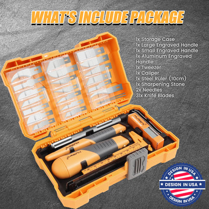 MulWark 41-Piece Precision Hobby Knife Set - Exacto Knife Set For Modeling - Craft Knife Handle Customized With Chiseling, Stencil Edge And Fine Point Blades With Sharpening Stone And Steel Ruler