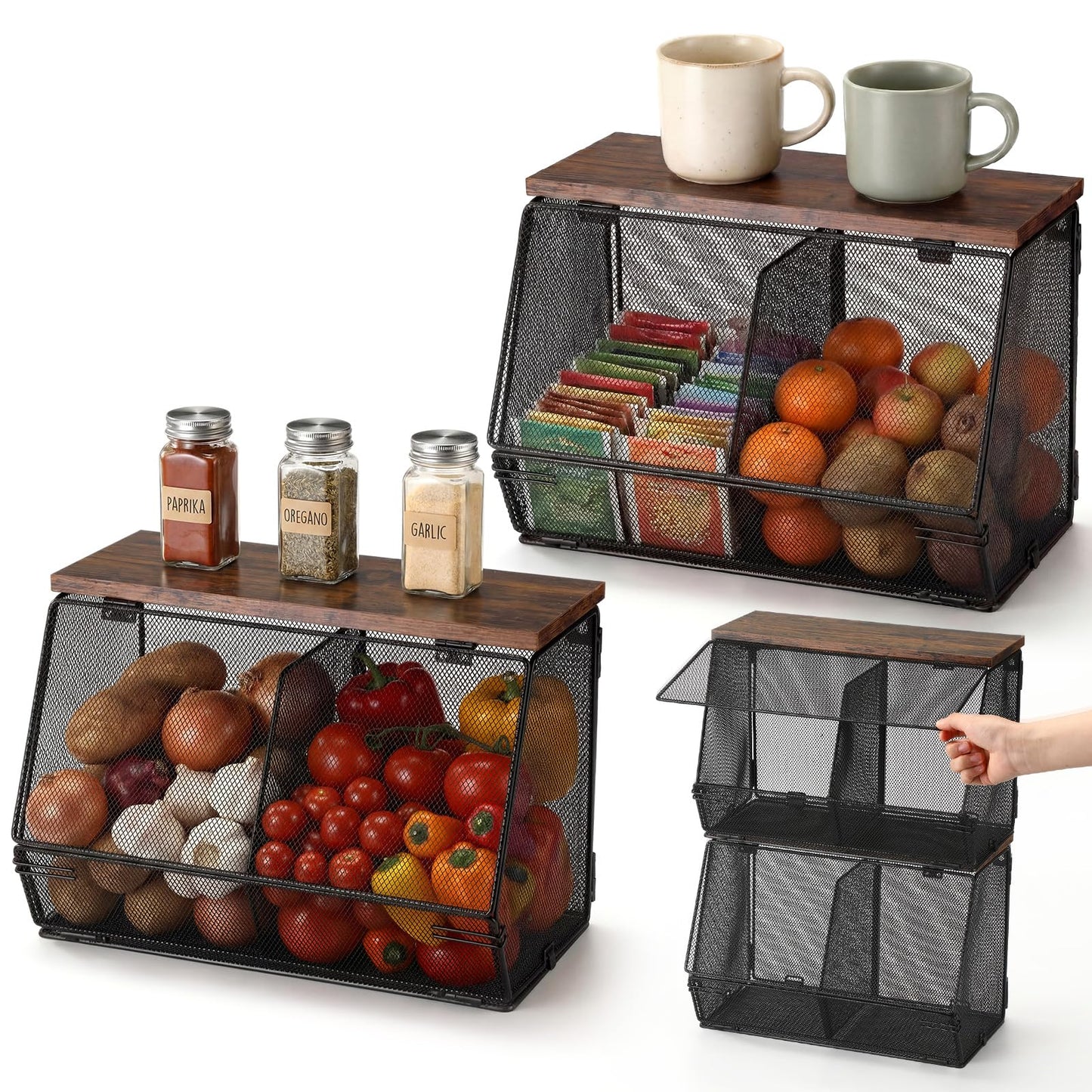 Teenyyou 2 Pcs Stackable Mesh Fruit Basket with Lid Wall Produce Vegetable Storage Basket Onion Potato Hanging Metal Wire Container for Kitchen Counter Pantry (Divided,Black,8.3"w & 13.8"L)