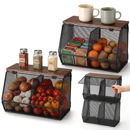 Teenyyou 2 Pcs Stackable Mesh Fruit Basket with Lid Wall Produce Vegetable Storage Basket Onion Potato Hanging Metal Wire Container for Kitchen Counter Pantry (Divided,Black,8.3"w & 13.8"L)