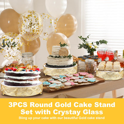 Skylety Set of 3 Round Wedding Cake Stand 10'' 12'' 14'' Metal Dessert Display Stand with Glossy Mirror Dessert Cupcake Cookies Holder for Wedding, Event, Birthday Party(Gold)