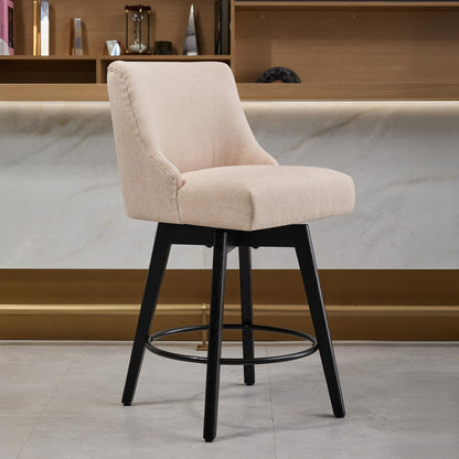 Vipbear Counter Height Bar Stools Set of 2, Modern Linen Fabric Swivel Barstools with Contoured Backs and Solid Wood Legs, 26" Seat Height Upholestered Bar Chairs for Kitchen Island, Flax Beige