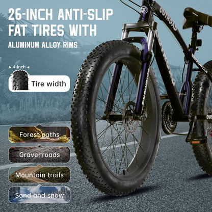 MarKnig 26 inch Fat Tire Mountain Bike with 4 inch Knobby Tires, 21 Speed MTB with Dual Disc Brake, Anti-Slip Fat Bike with Front Suspension, High Carbon Steel Frame, Men and Women (Blue-Purple)