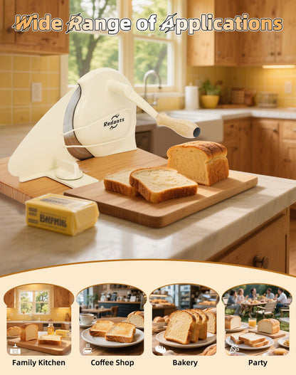 Redants Manual Bread Slicer for Homemade Sourdough Bread, Versatile Hand Crank Bread Slicer, Adjustable Thickness for Smooth Cutting, Food Grade Stainless Steel (Cream)