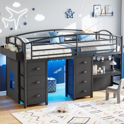 Low Loft Bed Twin Size with 7 Storage Drawers, Desk and LED Lights, Heavy Duty Metal Kids Loft Bed with 13.8" H Safety Guardrail, Anti-Collision Pad, Private Play Curtain, Under-Bed Play Space - Black
