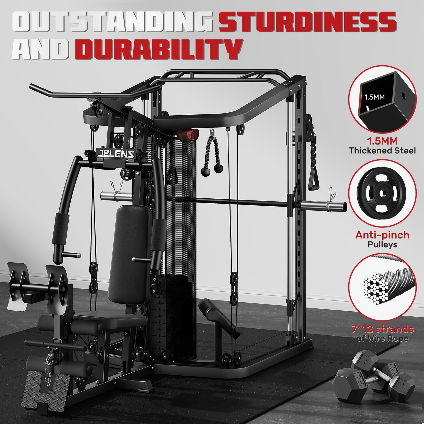 JELENS Home Gym System, 150LB Weight Stack Smith Machine with LAT Pull-Down & Leg Press, All-in-One Strength Training Equipment, Workout Station for Workout (Black, 140LBS Black Weights Package)
