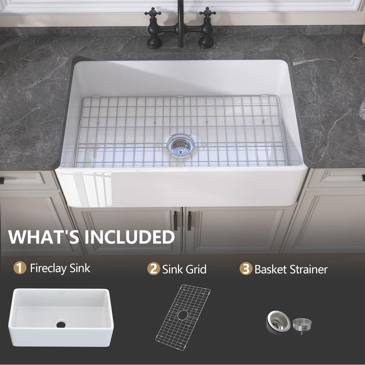 GETPRO White Farmhouse Kitchen Sink 30 inch Fireclay Apron Front Farm Sink Undermount Single Bowl Reversible Farmer House Style Kitchen Basin with Modern Accessories