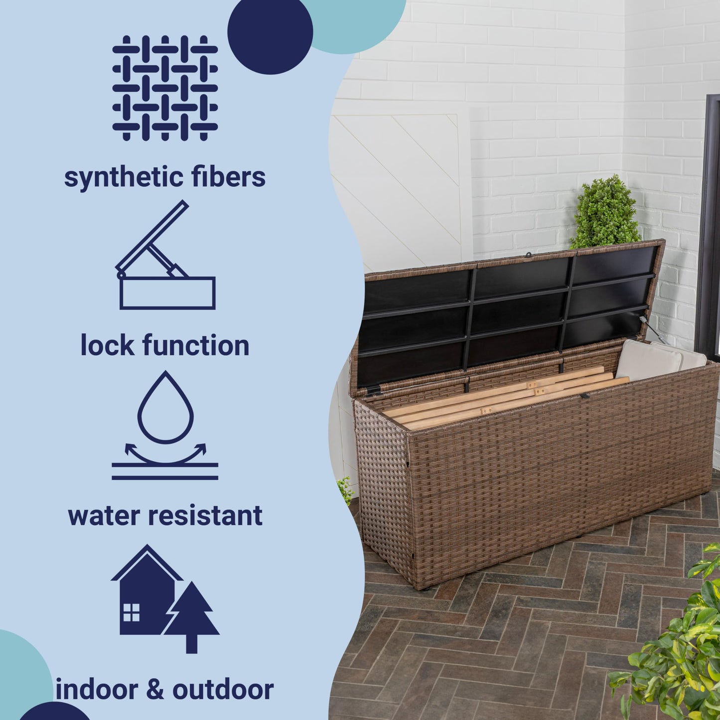 happimess TRK1002B Nino 59.06" Modern Minimalist Outdoor Faux Wicker Deck and Patio Storage Box, Brown, Soft-Close, for Package Delivery, Patio Furniture, Cushions, Gardening Tools, Pool Supplies