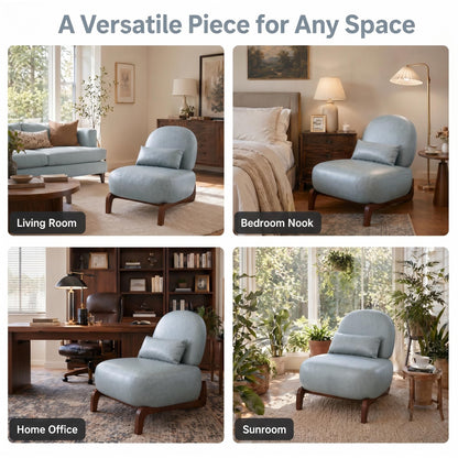 Trygoal Mid Century Modern Leather Armless Accent Chair, MCM Curved Back Lounge Chairs with Tilted Solid Wood Legs & Thick Lumbar Pillow, Single Cloud Sofa for Living Room Reading Nook (Blue)