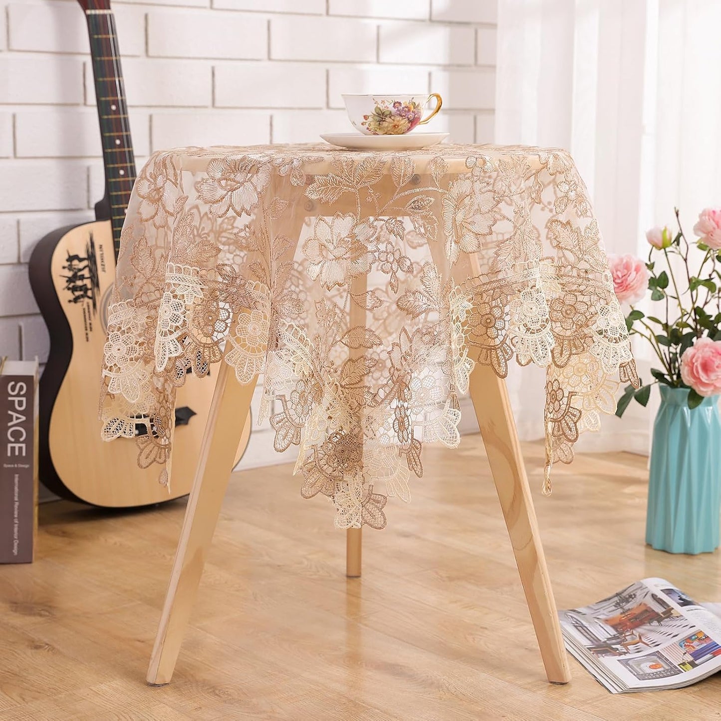 24 Inch Retro Round Lace Tablecloth Embroidered Table Cover Decorative Dining Doily for Wedding & Cafe, Brown