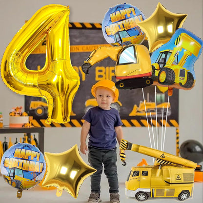 Teslite 4th 9Pcs 40 Inch 4 Bulldozer Set 4 Construction Balloons Birthday, Gold Number Balloons with Large Excavator