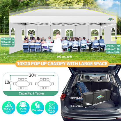 COBIZI 10x20 Pop Up Canopy with 6 Sidewalls One Push Setup Outdoor Event Shelter Waterproof UPF 50+ Gazebo Tent with Carry Bag,Air Vent,Sandbag for Wedding, Commercial, Party,White