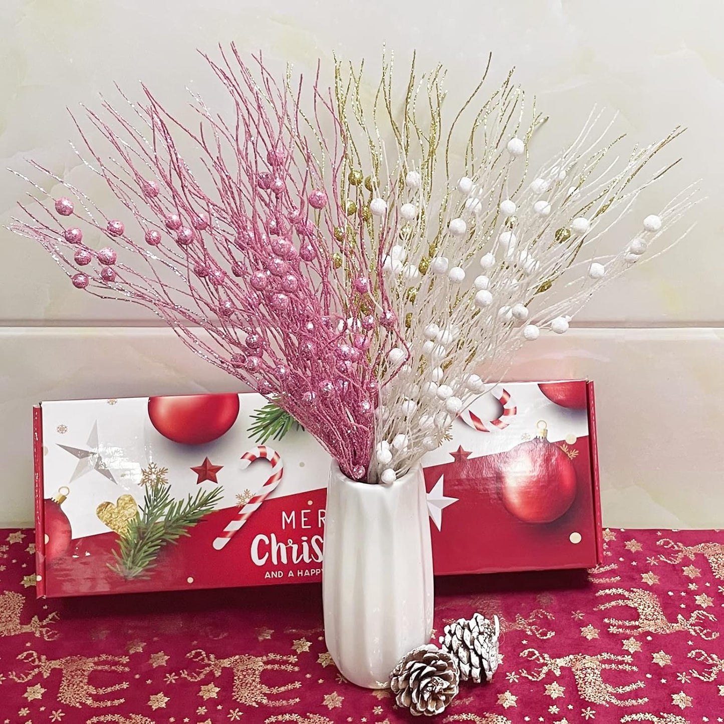 24 Losris Christmas Artificial Glitter Berry Stem Decorations Decorative Bead Sticks Xmas Picks Glittery Twigs Branches