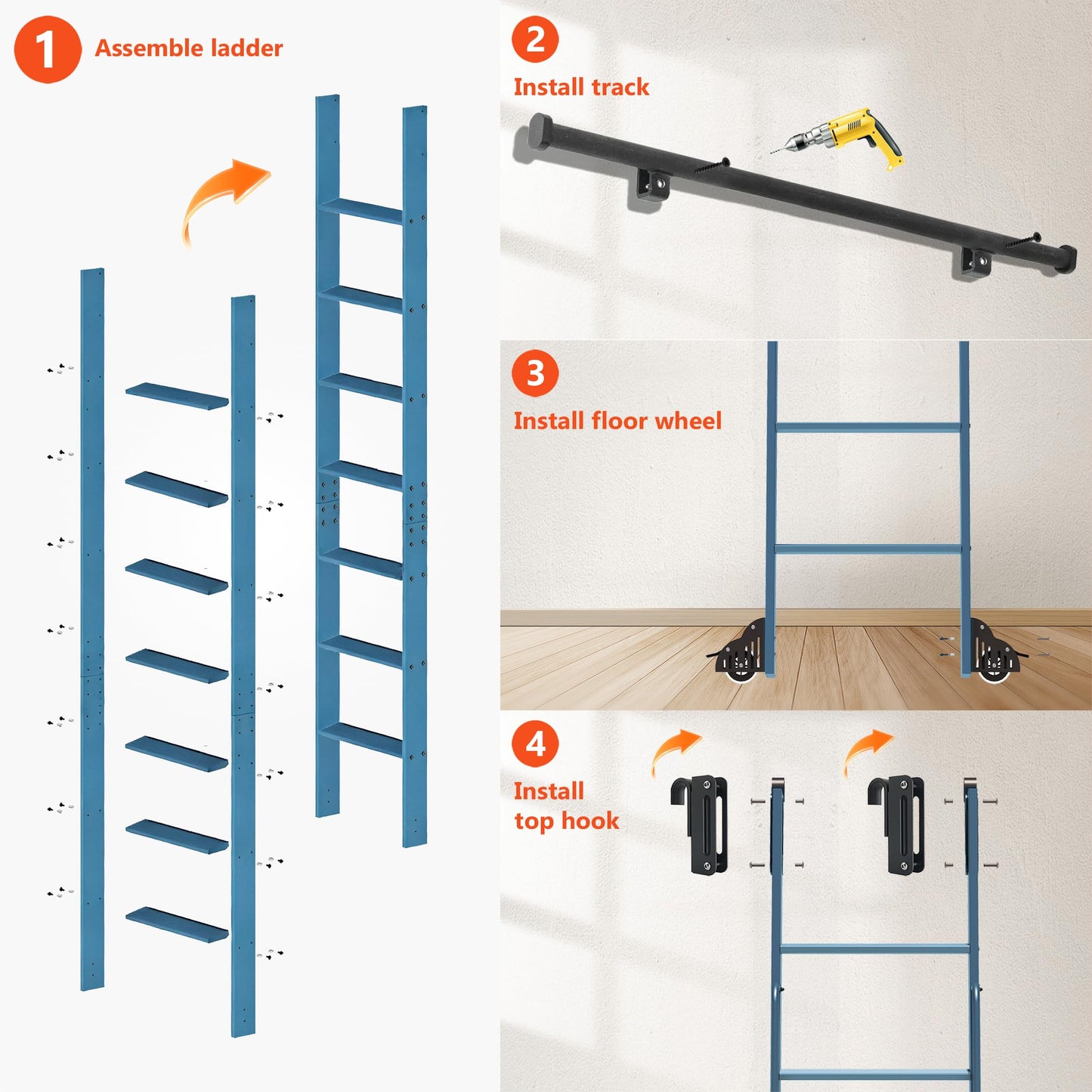 DIYHD 96" Sliding Library Ladder with 8 Steps, Telescopic Top Hook, Lightweight Rolling Ladder with Upright Space-Saving Storage, Kit with 4FT Sliding Rail, Bottom Rollers, 300lbs Capacity, Blue