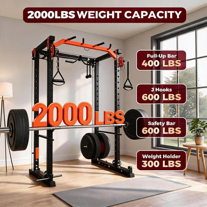Power Cage with Dual Independent LAT Pulldown & Cable Crossover System – 2000LBS All-in-1 Home Gym, 2-User Multi-Functional Power Rack with Adjustable Dual Pulleys, Squat Rack for Garage & Home