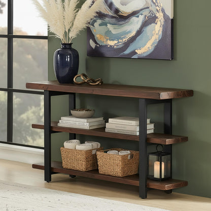 Alaterre Furniture Pomona 3-Tier Solid Wood Media Console Table with 2 Open Shelves and Metal Legs - Rustic Industrial Farmhouse TV Stand and Storage Console (Rustic Brown)
