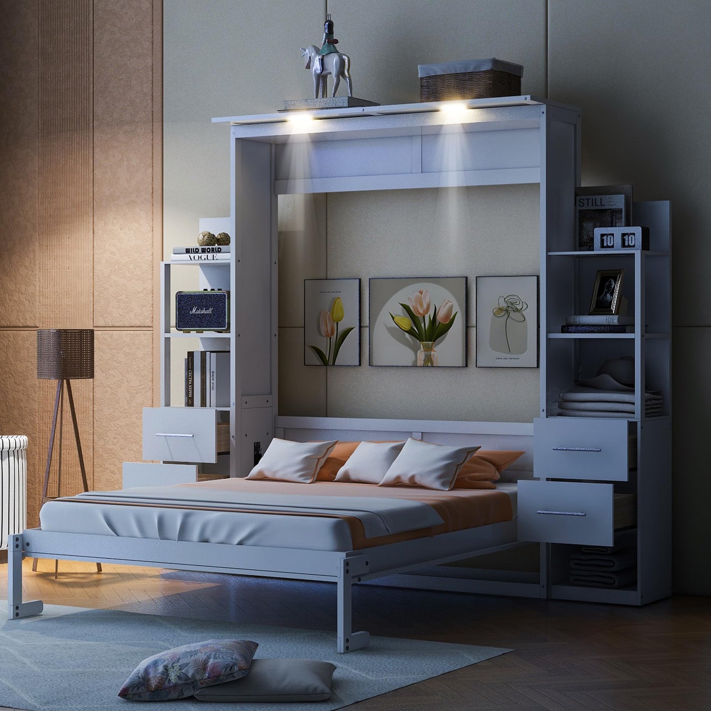 DNYN Queen Size Murphy Bed with 4 Storage Drawers & Shelf & Foldable & Wall Bedframe Design,for Small Space,Bedroom,Guest Room, White