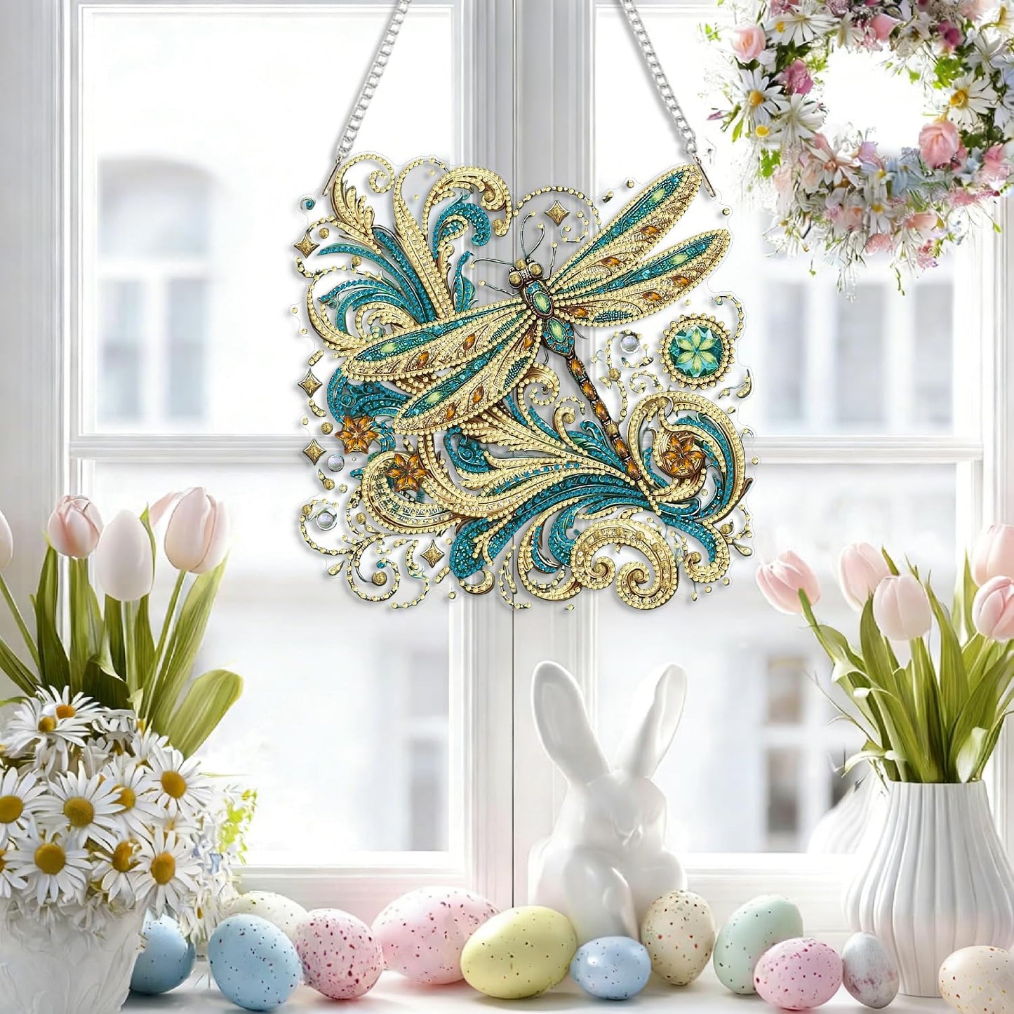 LPDJITO Dragonfly Diamond Painting Kits Hanging Pendant, Flower & Dragonfly Crystal Diamond Art Hanging Sign, Double-Sided Pattern Craft Ornament for Home Decoration and Gift