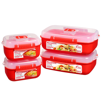 Sistema Heat & Eat Microwave Container Set, 4 Rectangular Microwaveable Food Containers with Lids & Steam Release Vents, Dishwasher & Freezer-Safe Food Storage, 2 x 1.25L & 525mL Sizes, BPA-Free