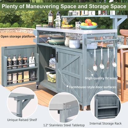 Amposei Outdoor Grill Table Cart 53.3-Inch Solid Wood Garden Patio Rolling Bar Storage Cabinet Kitchen Island with Stainless Steel Top & Lockable Wheels for Food Prep and BBQ, Grey Blue