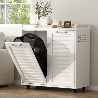 100L Dual Laundry Hamper with Wheels, Metal Rolling Laundry Cabinet with 2 Compartments and Removable Bags, Hidden Design