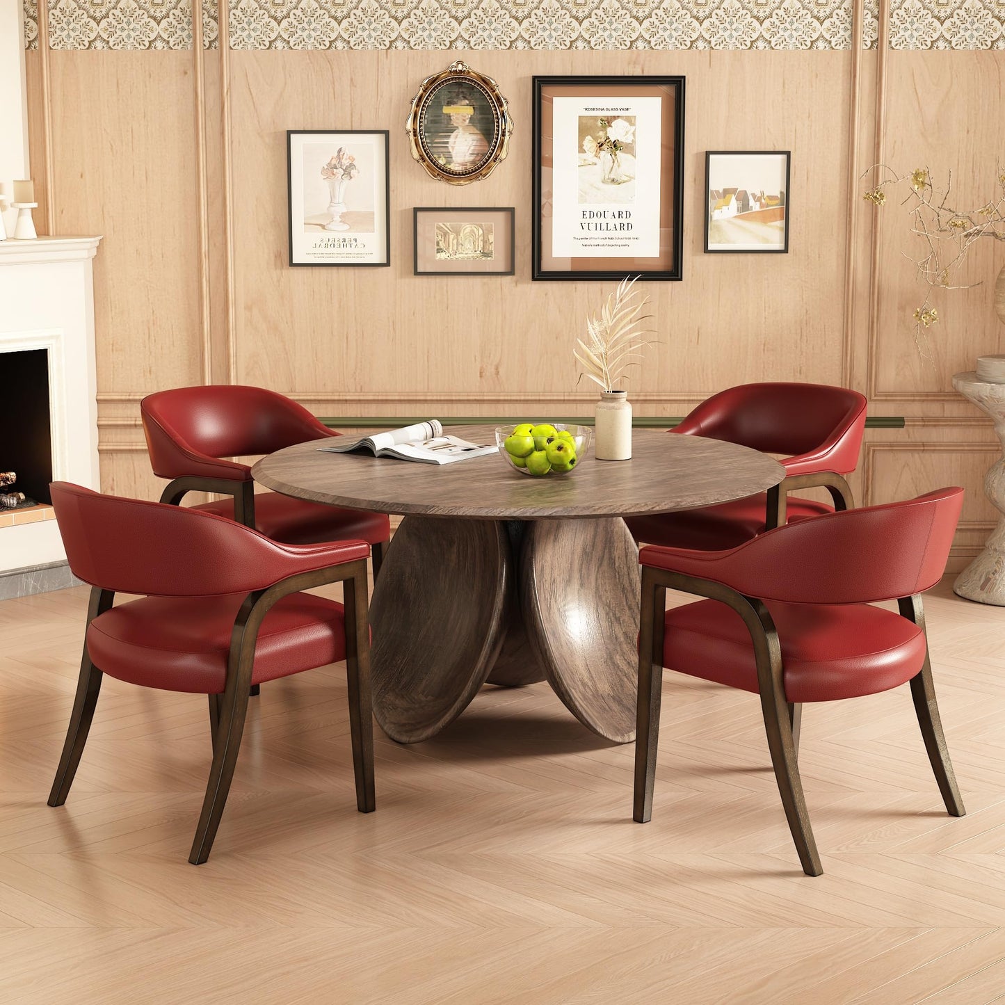 Upholstered Barrel Dining Chair Set of 6, 17.72"H Faux Leather Dining Room Chair with Arms Open-Back Dining Chairs w/ Wood "R" Legs Comfy Accent Side Chairs for Home Kitchen, Wine Red(NO TABLE!)