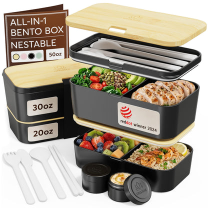 Umami Bento Box All-in-1 w/ 4 Utensils, 100% Leakproof, Dishwasher & Microwave Safe Lunch Containers for Adults w/ 4 Compartments, Black & Tan, 50 oz