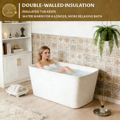 49" Acrylic Freestanding Soaking Bathtub, Matte Drain & Black Overflow, Modern Design Tub for Home Bathroom Renovations, Glossy White