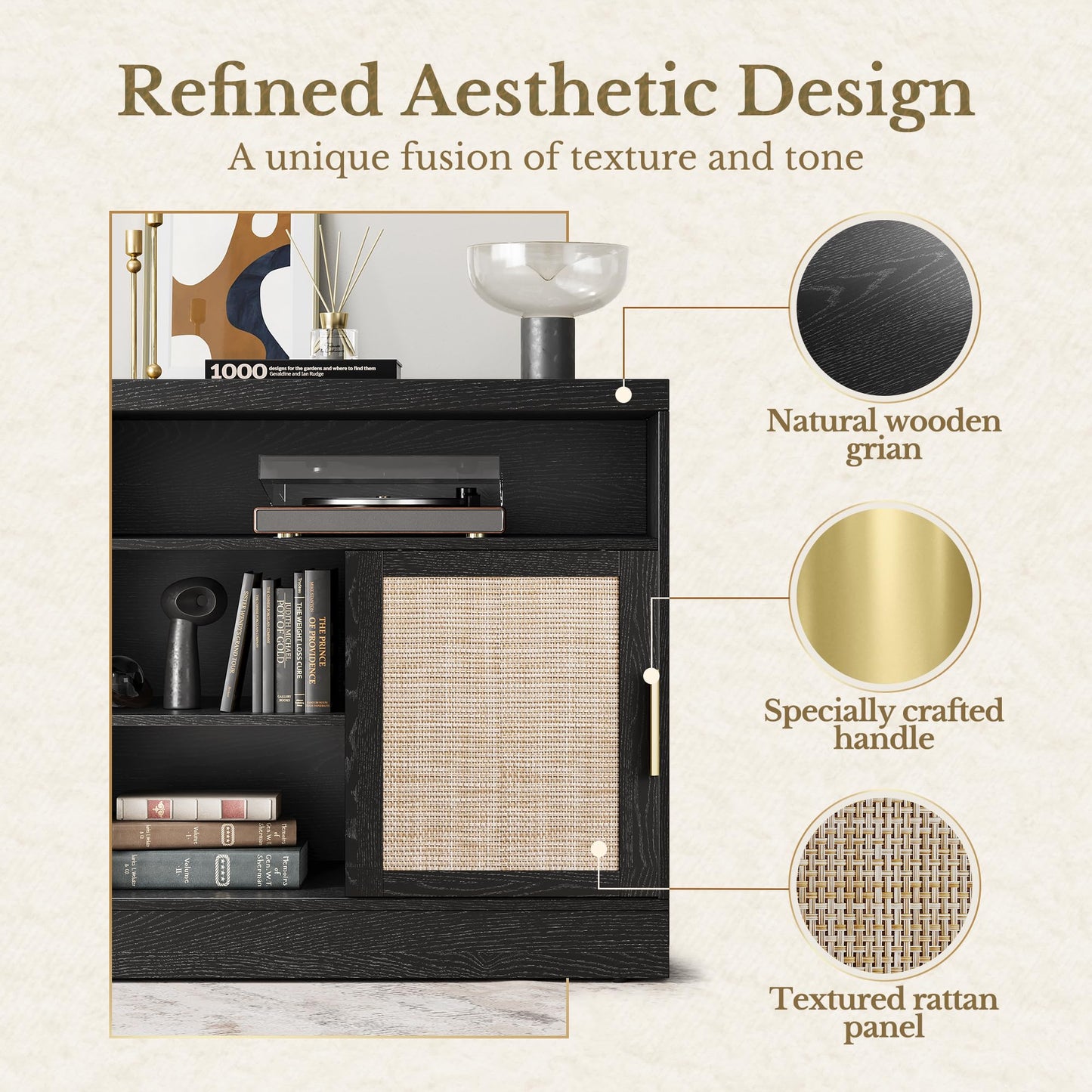 Perledesign Rattan File Cabinet with Door, 32'' Lateral File Cabinet with Open Adjustable Shelves, Wood Filing Cabinet with Sliding Door for Home Office, Black
