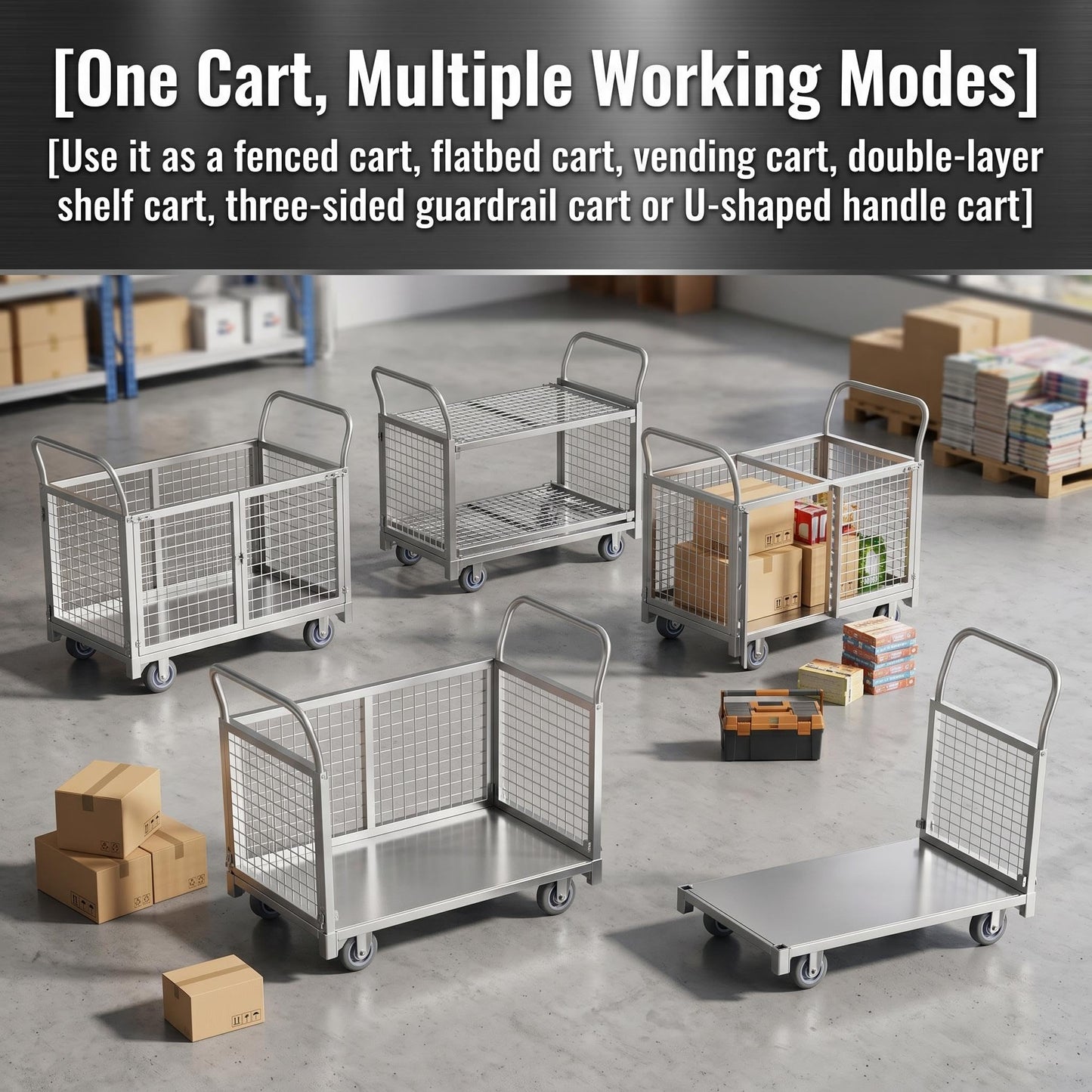 4-in-1 Platform Truck Cart with Cage, Heavy Duty Foldable Flatbed Push Cart with Swivel Casters, 2200 LBS Steel Load Capacity for Warehouse Commercial Industrial Cargo Storage & Transport