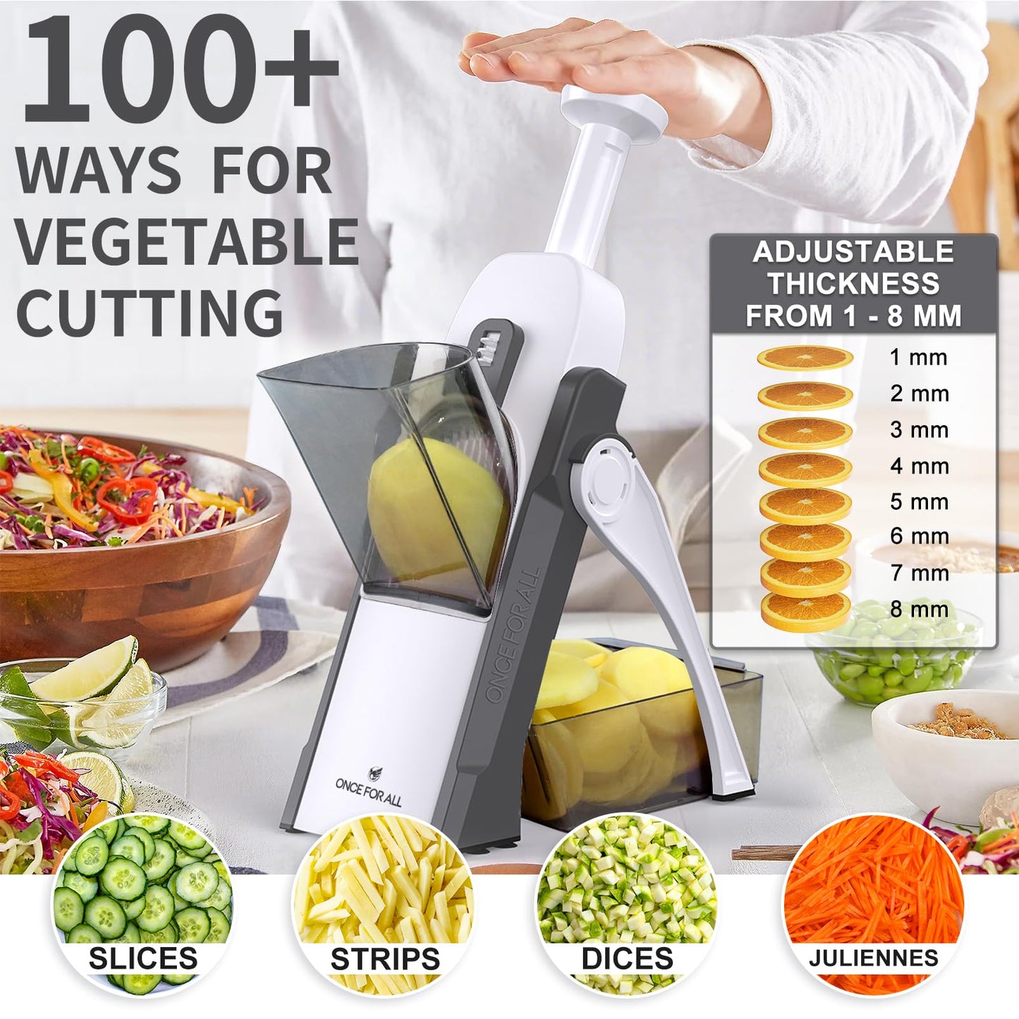 ONCE FOR ALL Safe Mandoline Slicer 5 in 1 Vegetable Chopper Food Potato Cutter, Strips Julienne Dicer Adjustable Thickness 0.1-8 mm Kitchen Chopping Artifact Fast Meal Prep (Gray)