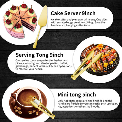 Gisly Gold 12 Pieces Serving Utensils Include Large Serving Spoons,Slotted Serving Spoons,Serving Forks,Serving Tongs,Appetizers Tongs,Soup Ladle and Pie Cake Server for Buffet Catering