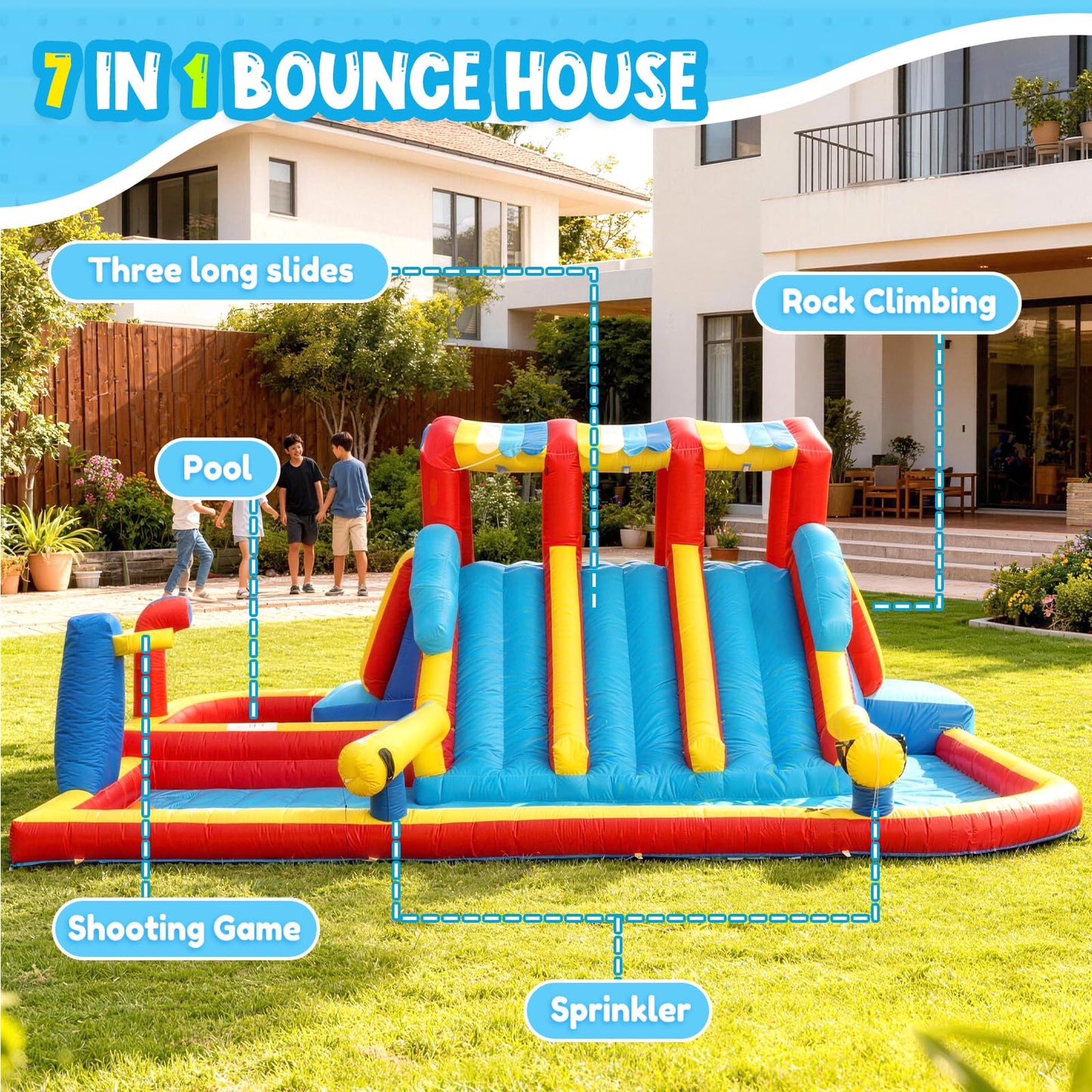 14.3FT Oxford Inflatable Water Slide Family Version Water Park Built in Reservoir Slide Sprinkler Rock Climbing Summer Carnival Pool Party Easy Setup & Storage（Include Blower）
