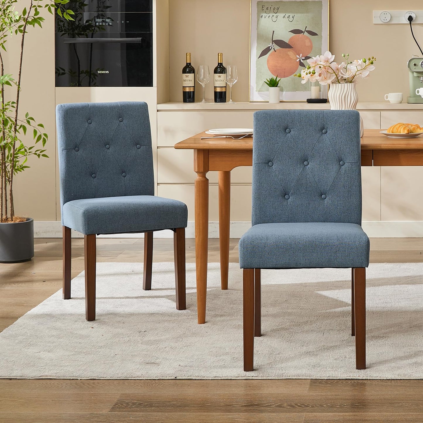 IDEALHOUSE Dining Chairs Set of 6, Linen Fabric Upholstered Parsons Chairs with Rubberwood Legs, Comfortable Padded Seat Kitchen, Dining Room Side Chairs, Living Room Blue