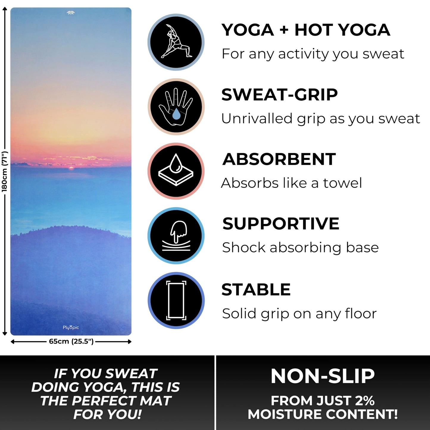 Plyopic. All In One Yoga Mat | Luxury Sweat-Grip Mat/Towel Combo | Ideal for Yoga, Hot Yoga, Bikram, Pilates, Workout & Exercise | Eco-Friendly Natural Rubber