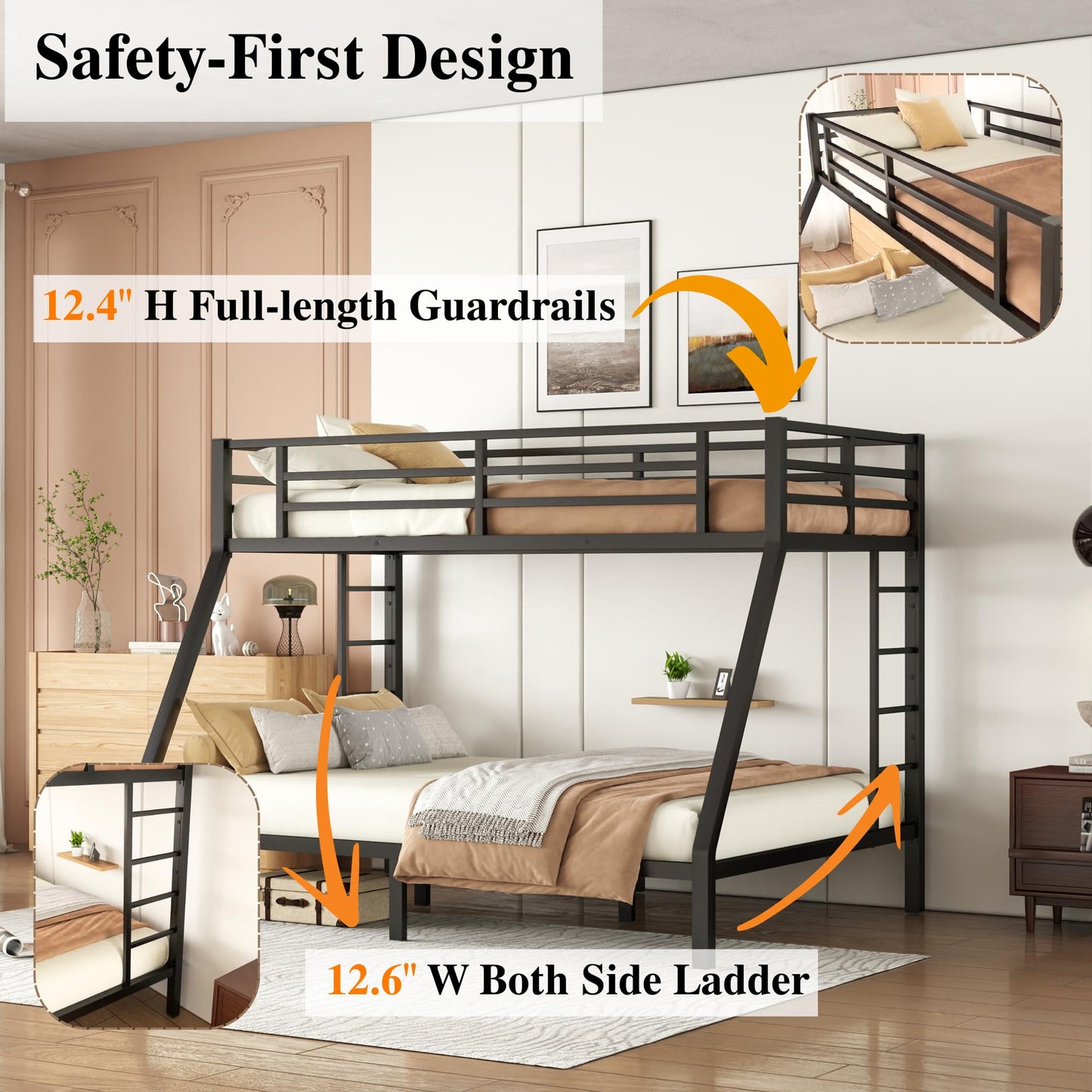 Bellemave Metal Bunk Bed Twin XL Over Queen with Ladder ＆ Full-Length Guardrails, Heavy Duty Bunk Bed Frame with Sturdy Slats, Twin XL Over Queen Bunk Beds, Noise Free, No Box Spring Needed, Black