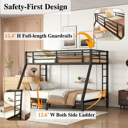 Bellemave Metal Bunk Bed Twin XL Over Queen with Ladder ＆ Full-Length Guardrails, Heavy Duty Bunk Bed Frame with Sturdy Slats, Twin XL Over Queen Bunk Beds, Noise Free, No Box Spring Needed, Black