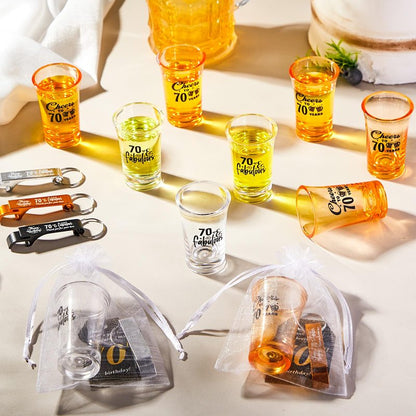 Domensi 50 Sets 70th Birthday Party for Guests Bulk Include Cheers to 70 Short Glasses Beer Bottle Opener Keychains Thank You Cards with Gift Bags and Ropes for Birthday Party Gifts