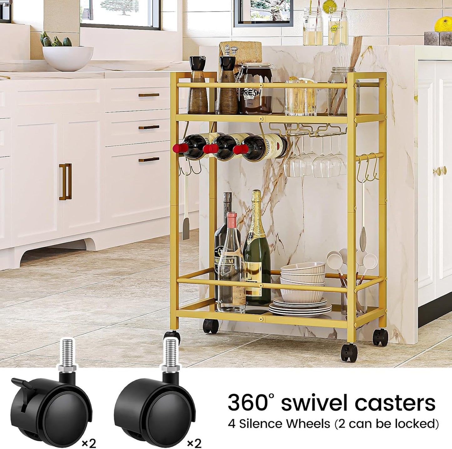2 Bar Cart, Serving Cart for Home, Microwave Cart, Drink Cart, Wine Cart with Mirrored Shelves, Wine Holders, Glass
